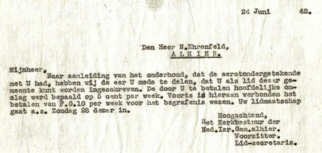 Brief kerkbestuur aan N. Ehrenfeld 24-6-1942 over lidmaatschap