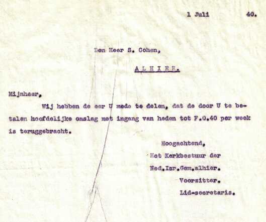Brief kerkbestuur aan S. Cohen 1-7-1940 over omslag