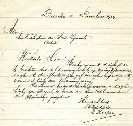 Brief L.Roeper aan kerkbestuur over grafsteen 14-12-1939