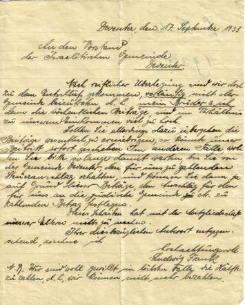 Brief Louis Frank 17-9-1933 aan kerkbestuur over bijdrage