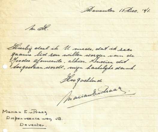 Brief Marian van Praag aan kerkbestuur over lidmaatschap 12-12-1941