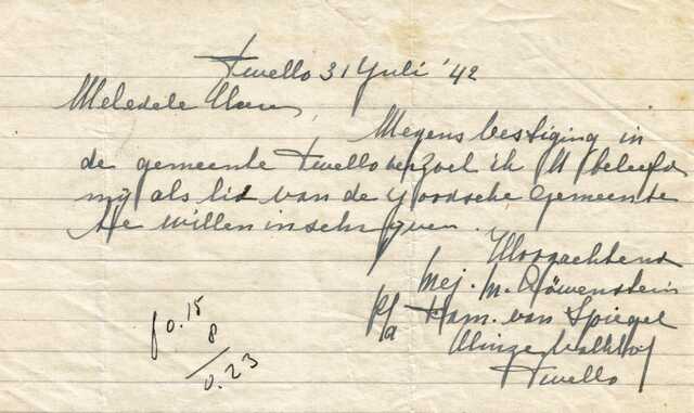 Brief Mietje Löwenstein aan kerkbestuur 31-7-1942