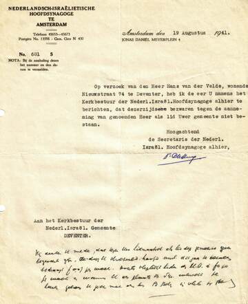Brief over Hans van der Velde 19-8-1941 van NIG Amsterdam