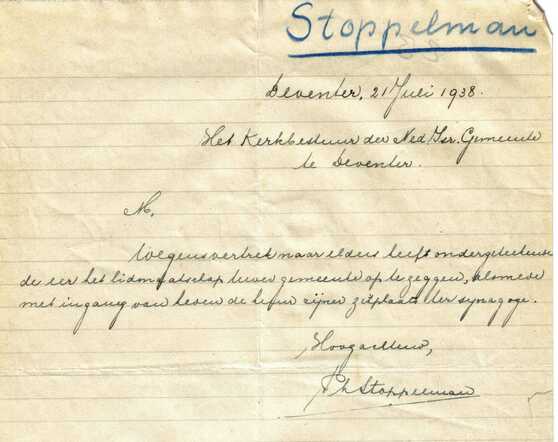 Brief Ph.Stoppelman opzegging lidmaatschap 21-7-1938