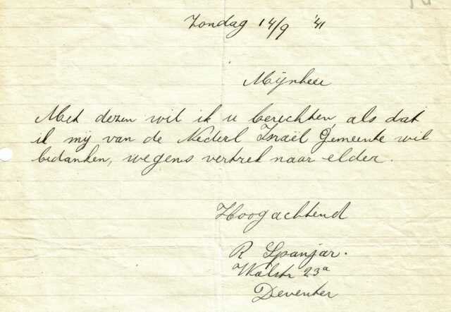 Brief Roza Spanjar 14-9-1941 uitschrijving lidmaatschap