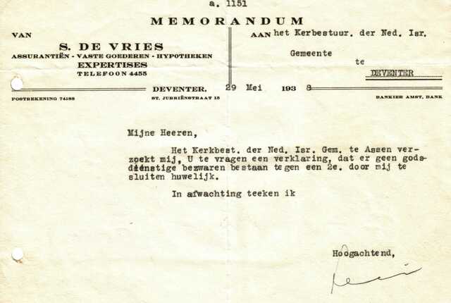 Brief S.deVries over verklaring voor 2e huwelijk 29-5-1938