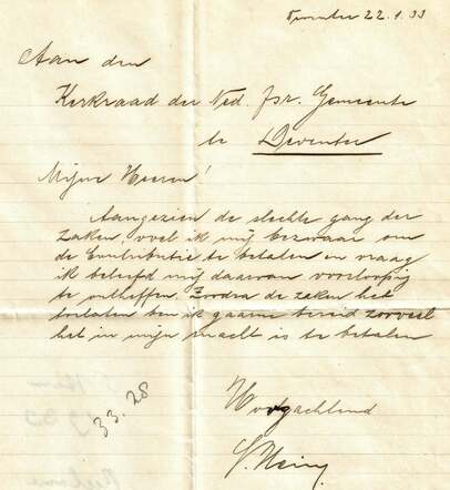 Brief Sigmund Hein 22-1-1933 aan kerkbestuur