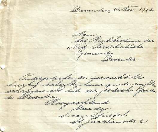 Brief Sophie van Spiegel verzoek om  lidmaatschap 8-11-1942