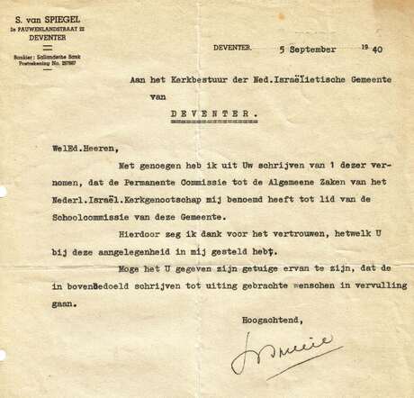 Brief Simon van Spiegel 5-9-1940 aanvaarding lid schoolcommissie