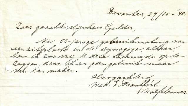 Brf Wed. E. Frankfort-Wolfsheimer 27-10-1940 opzegging zitplaats