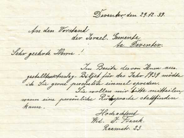 Brief Rosalie Frank-Lautman aan kerkbestuur 29-12-1939