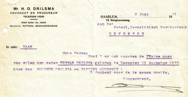 Brief H.O. Drilsma aan kerkbestuur 3-6-1941 over joodse naam vader