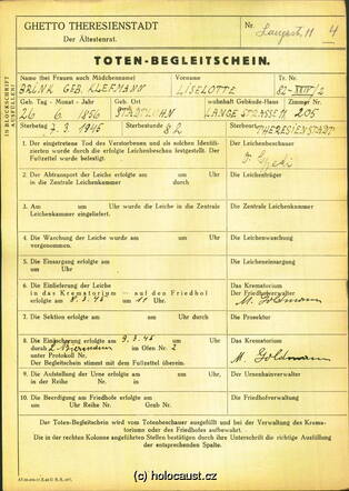 Lisette ten Brink-Kleffmann,  Toten-Begleitschein Theresienstadt