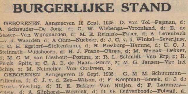 Bron: De Tijd 21-9-1935 dochter voor Femke koopman-Snoek