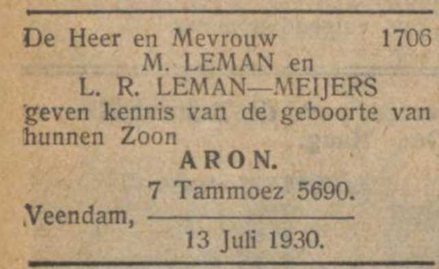 Bron: Nieuw Israelitisch weekblad 11-7-1930
