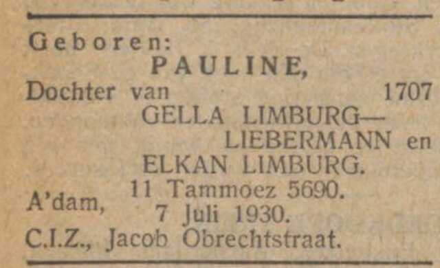 Bron: Nieuw Israelitisch weekblad 11-7-1930