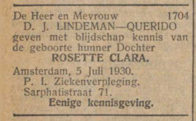 Bron: Nieuw Israelitisch weekblad 11-7-1930