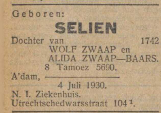 Bron: Nieuw Israelitisch weekblad 11-7-1930