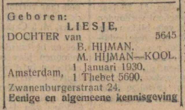 Bron: Nieuw Israelitisch weekblad 1-3-1930