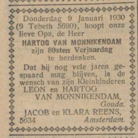 Bron: Nieuw Israelitisch weekblad 1-3-1930 van Monnikendam