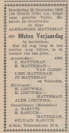 Bron: Nieuw Israelitisch weekblad 22-12-1939 Alexander Matteman