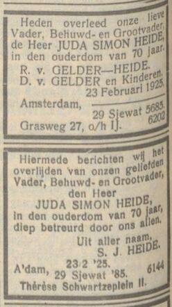 Bron: NIW 27-2-1925 Overlijden Juda Simon Heide