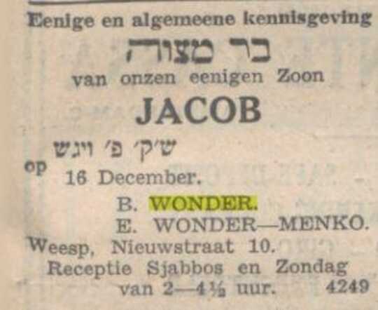 Bron: NIW 8-12-1939 Bar mitswa Levie Jacob Wonder