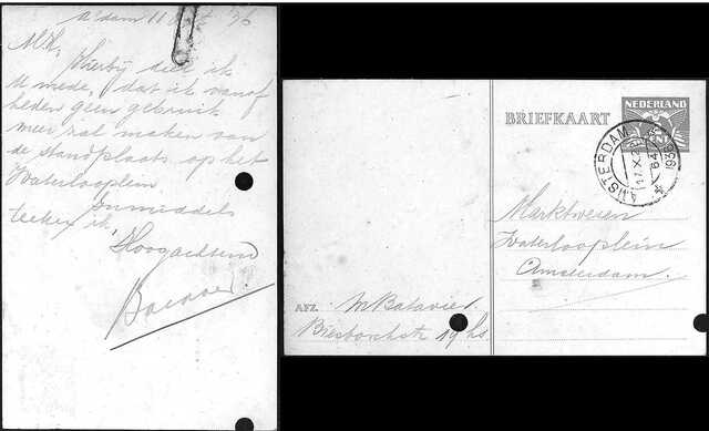 Bron: Stadsarchief Amsterdam Marktvergunning   Mozes Batavier 1-2-1910  9-7-1943  Briefkaat aan Marktwezen