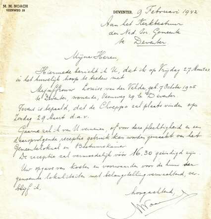 Brief M.M.Noach aan kerkbestuur over zijn huwelijk 9-2-1942