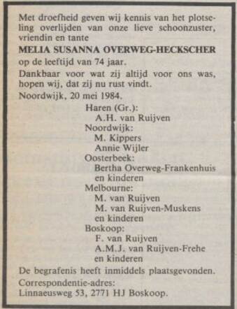 Overlijden Melia Overweg-Heckscher