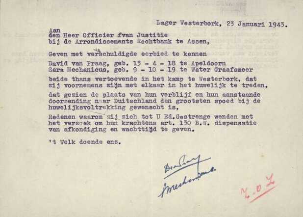 David van Praag vroeg op 23 januari 1943 aan de Officier van Justitie te Assen om kwijtschelding van wettelijke termijnen voor zijn huwelijk met Sara Mechanicus.
