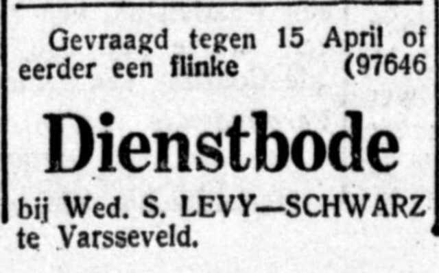 De Graafschap-bode 14 maart 1930, pag. 6. Advertentie Wed. S. Levy-Schwarz te Varsseveld.
