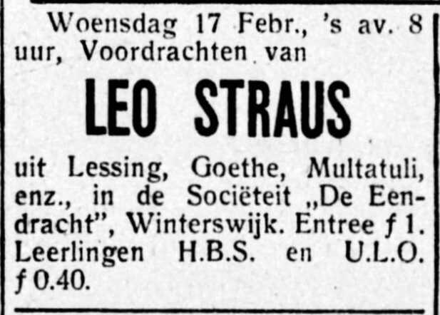 De Graafschap-bode 16 februari 1926, pag. 4. Advertentie voordrachten Leo Straus te Winterswijk.