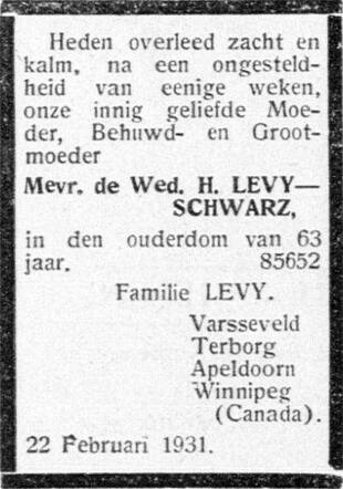 De Graafschap-bode 25 februari 1931,  pag. 4. Overlijdensadvertentie Wed. H. Levy-Schwarz.