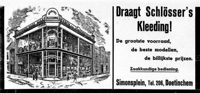 De Graafschap-bode, 7 november 1938, pag. 4. Adv. J. Schlösser's Kledingmagazijn te Doetinchem.