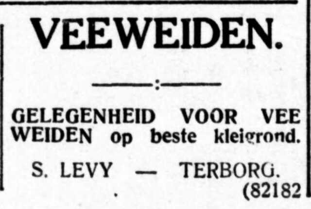 De Graafschap-bode nieuws- en advertentieblad, 10 maart 1939, pag., 12. Advertentie Salli Levij (Sally Levy)te Terborg