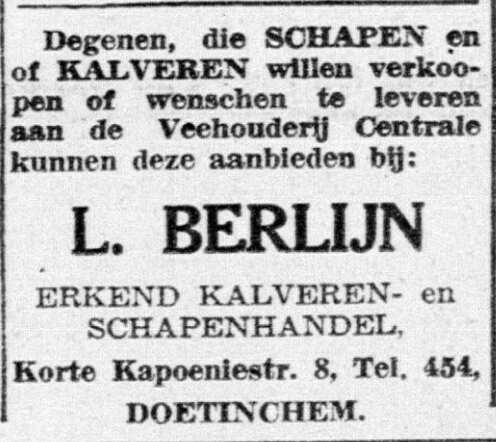 De Graafschap-bode nieuws- en advertentieblad, 10 maart 1941, pag. 4. Advertentie veehandel Louis Berlijn te Doetinchem.