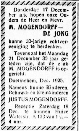 De Graafschap-bode nieuws- en advertentieblad, 11 december 1925, pag. 10. Dubbel jubileum echtpaar M. Mogendorff-de Jong te Doetinchem.