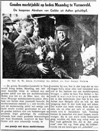 De Graafschap-bode, nieuws- en advertentieblad, 11 november 1935, pag. 1. Huldiging Abraham (Philip?)van Gelder uit Aalten.