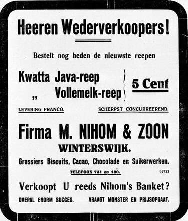 De Graafschap-bode,   nieuws- en advertentieblad,  12 januari 1926, pag. 4. Advertentie fa. M. Nihom & Zoon te Winterswijk1.