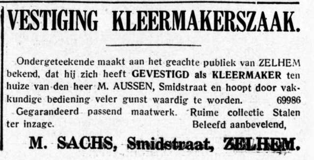 De Graafschap-bode  nieuws- en advertentieblad, 14 januari 1938, pag. 12. Advertentie vestiging kleermakerszaak Meier Sachs te Zelhem.