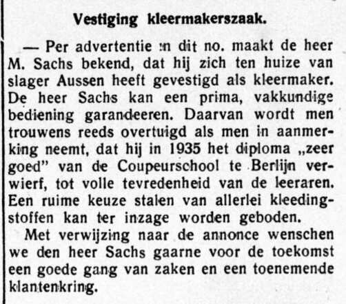 De Graafschap-bode,  nieuws- en advertentieblad  14 januari 1938, pag. 14. Bericht vestiging kleermakerszaak Meier Sachs te Zelhem.