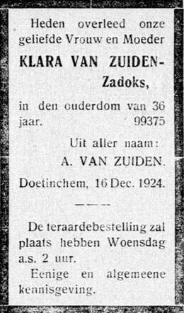 De Graafschap-bode  nieuws- en advertentieblad  16 december 1924, pag. 3. Overlijdensadvertentie Klara (Klaartje) Zadoks.