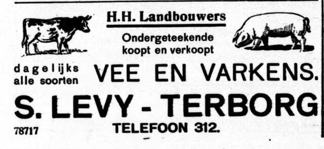 De Graafschap-bode  nieuws- en advertentieblad  18 februari 1938, pag. 24. Advertentie van Salli Levij (Sally Levy) te Terborg.