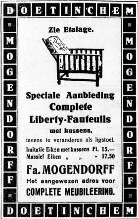 De Graafschap-bode nieuws- en advertentieblad, 18 oktober 1929, pag. 4. Advertentie fa. M. Mogendorff te Doetinchem.