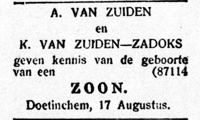 De Graafschap-bode  nieuws- en advertentieblad 19 augustus 1921, pag.  7. Geboorteadvertentie Julius van Zuiden.