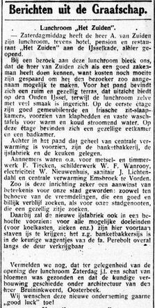 De Graafschap-bode  nieuws- en advertentieblad  19 juli 1933, pag. 6. Opening horeca-complex Abraham van Zuiden te Doetinchem.