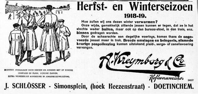 De Graafschap-bode, nieuws- en advertentieblad, 22 november 1918, pag. 4. Adv. kledingmagazijn J. Schlösser.