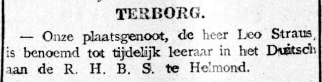 De Graafschap-bode  nieuws- en advertentieblad 23 mei 1916, pag. 3. Benoeming Leo Straus.