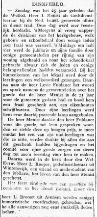 De Graafschap-bode  nieuws- en advertentieblad 25 oktober 1911, pag. 3. 25-jarig jubileum Isaac Menist te Dinxperlo 1.